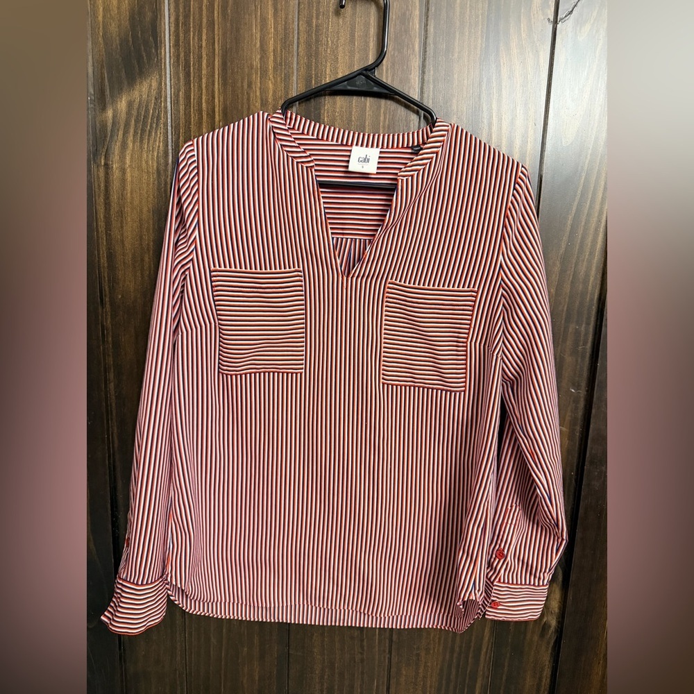 CAbi Red and White Striped V-Neck Blouse-Size:Small